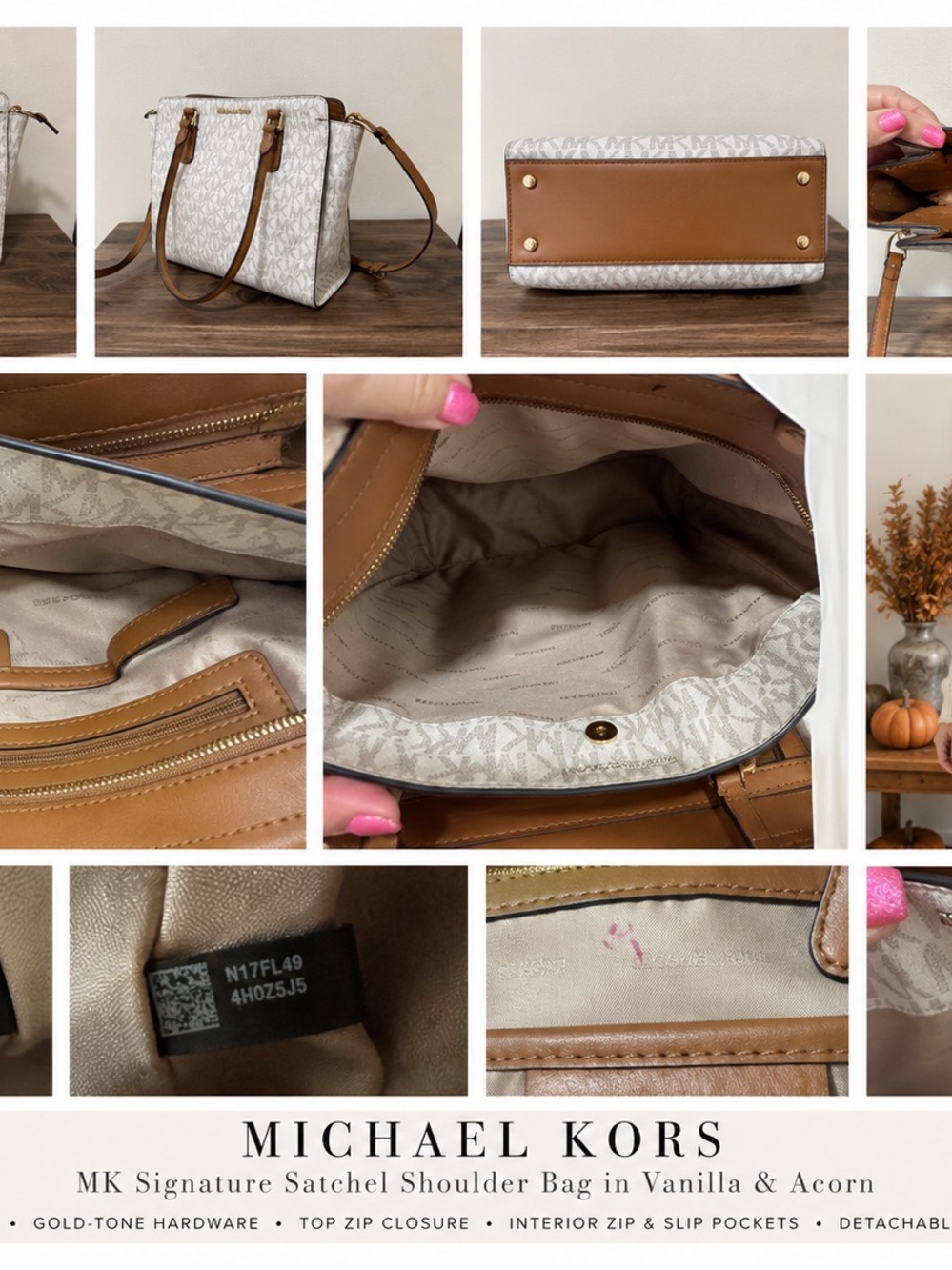 Michael Kors Signature Vanilla Brown Satchel Tote Crossbody Bag